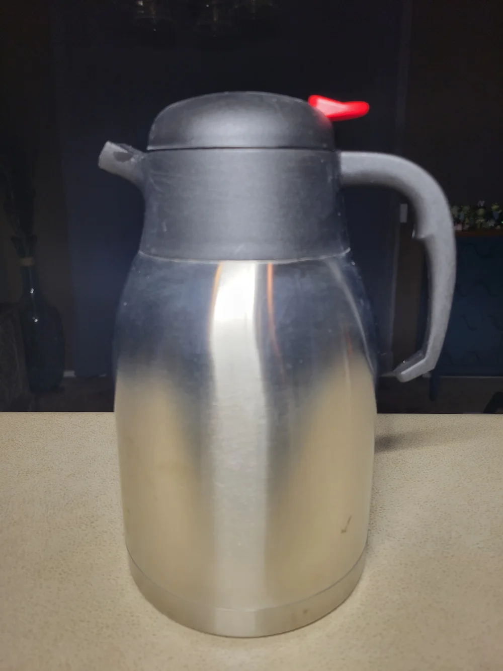 Stainless Steel Thermal Carafe with Black Lid and Red Pour Button